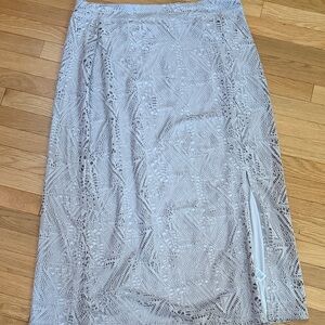 Chico’s Lace Midi Skirt Size 3 Taupe Neutral Lined Elegant